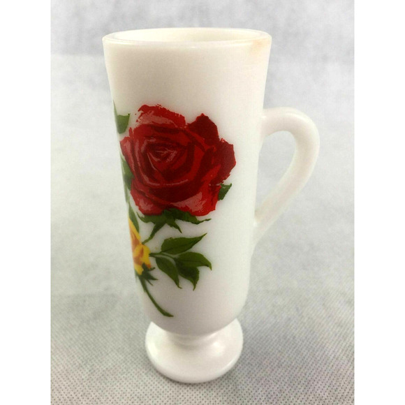 Avon Red Yellow Roses Flowers White Milk Glass Mug Handled Pedestal Bud Vase - Picture 12 of 13